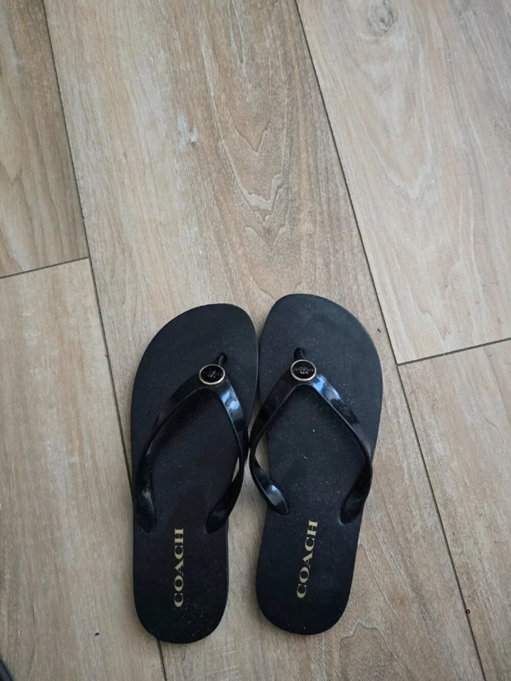 COACH Zayn Slip-on Thong Black Gold Accent Logo Flip Flops Sandals - EUC